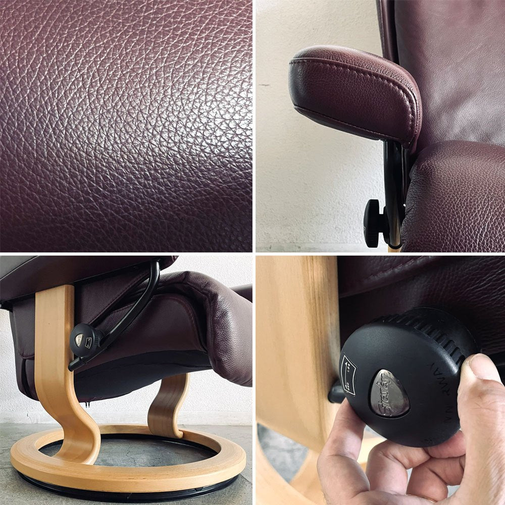 エコーネス EKORNES ストレスレス Stressless マジック Magic リクライニングチェア クラシックベース Mサイズ オットマン付き ボルドー系 〓