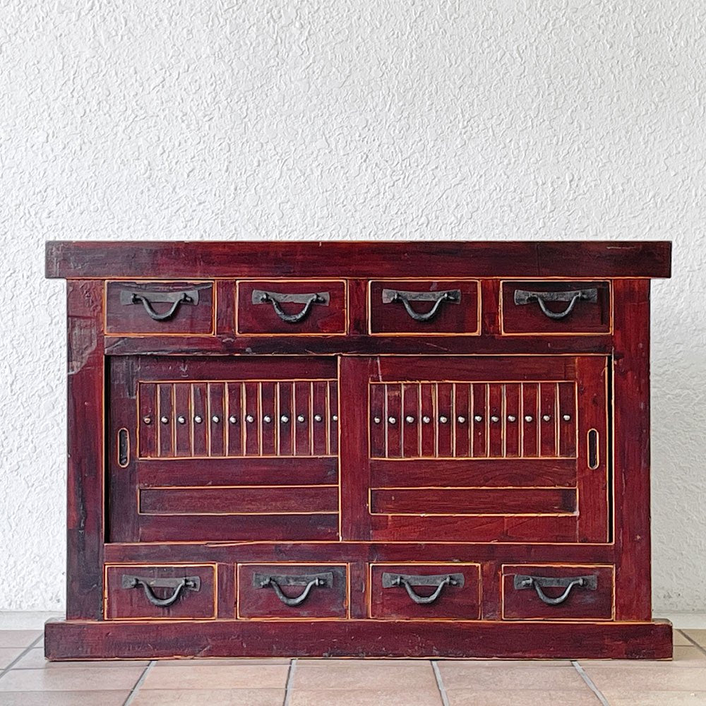 ジャパンビンテージ Japan Vintage 水屋箪笥 時代箪笥 抽斗8杯 引き戸 W90cm 小型箪笥 和箪笥 チェスト 和家具 古家具 ◇