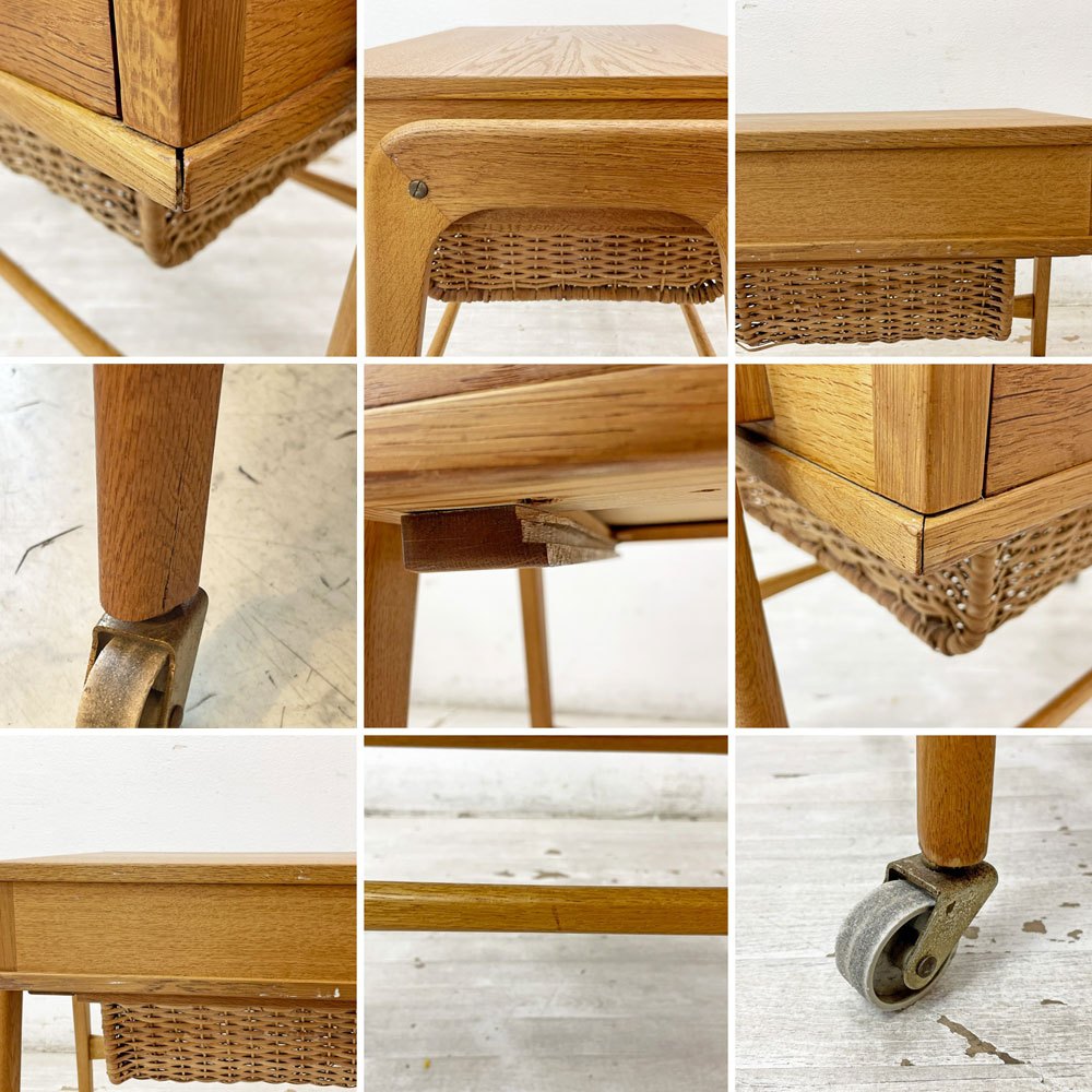 デンマークビンテージ Danish Vintage ソーイングテーブル サイドテーブル オーク材ラタンバスケット キャスター付き 北欧家具 ●