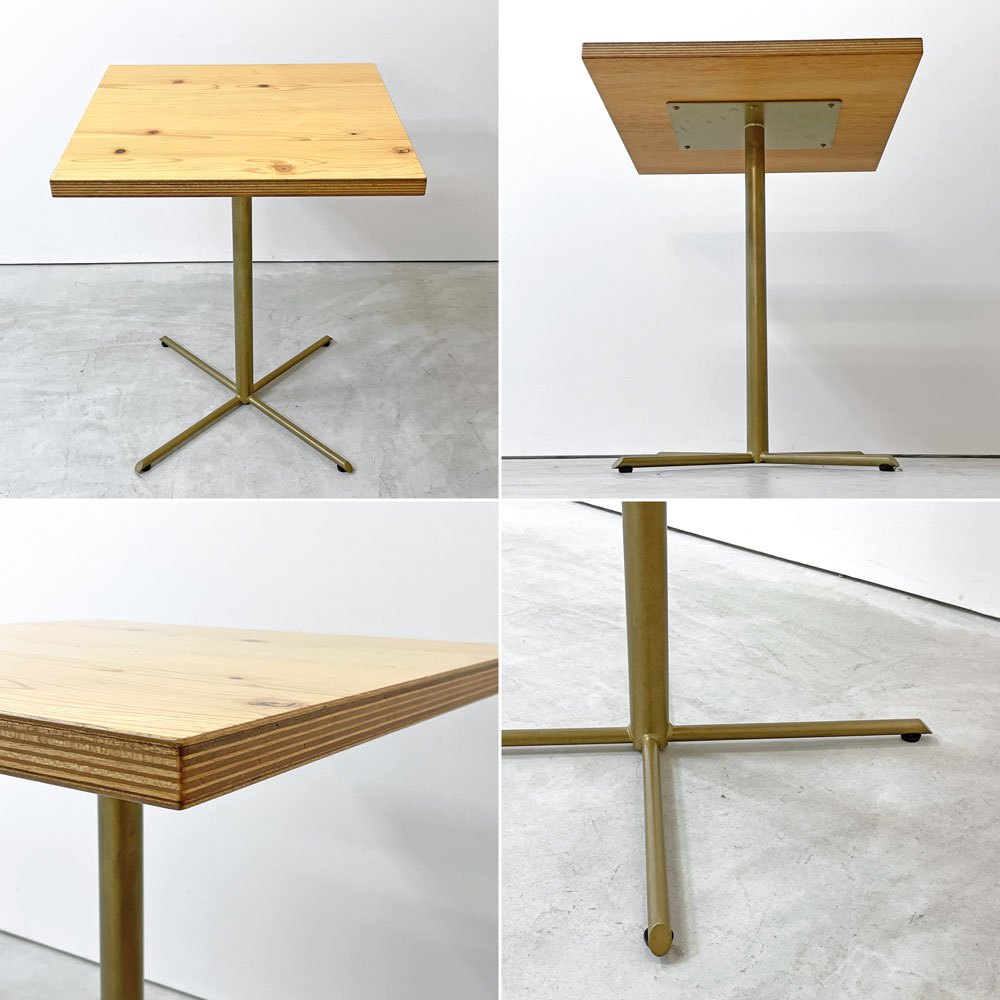 カフェテーブル スクエア 節入り杉天板 スチール脚 ゴールド W60 H73cm ナチュラルモダン ●