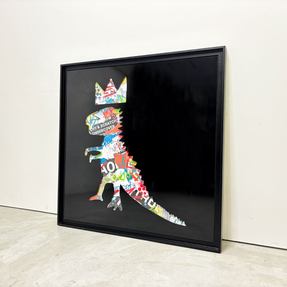 Aiiroh black Series Street Rex アートフレーム コラージュアート ミクストメディア グラフィティ 現代アーティスト ストリート 王冠 恐竜 バスキア風 フランス ●