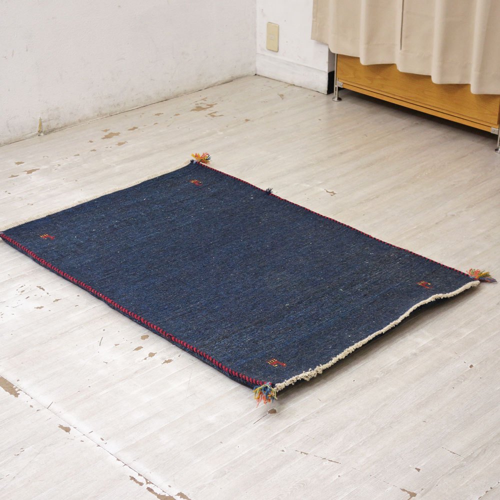 イラン 手織り ギャッベ gabbeh 絨毯 ラグ カーペット ブルー 122×83cm 鹿モチーフ ●