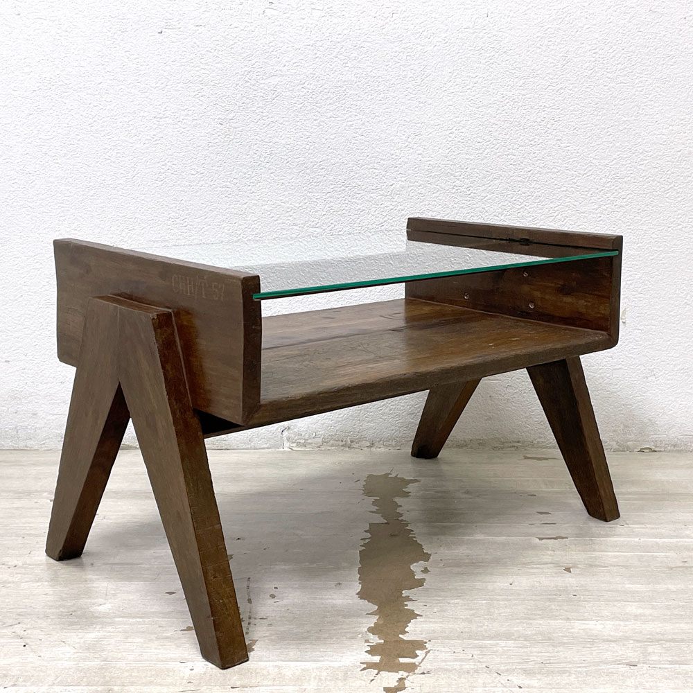 ピエールジャンヌレ Pierre Jeanneret コーヒーテーブル Coffee Table スモール チーク無垢材 ガラス チャンディーガル レター有 60‘s CHH/T57 希少サイズ ●