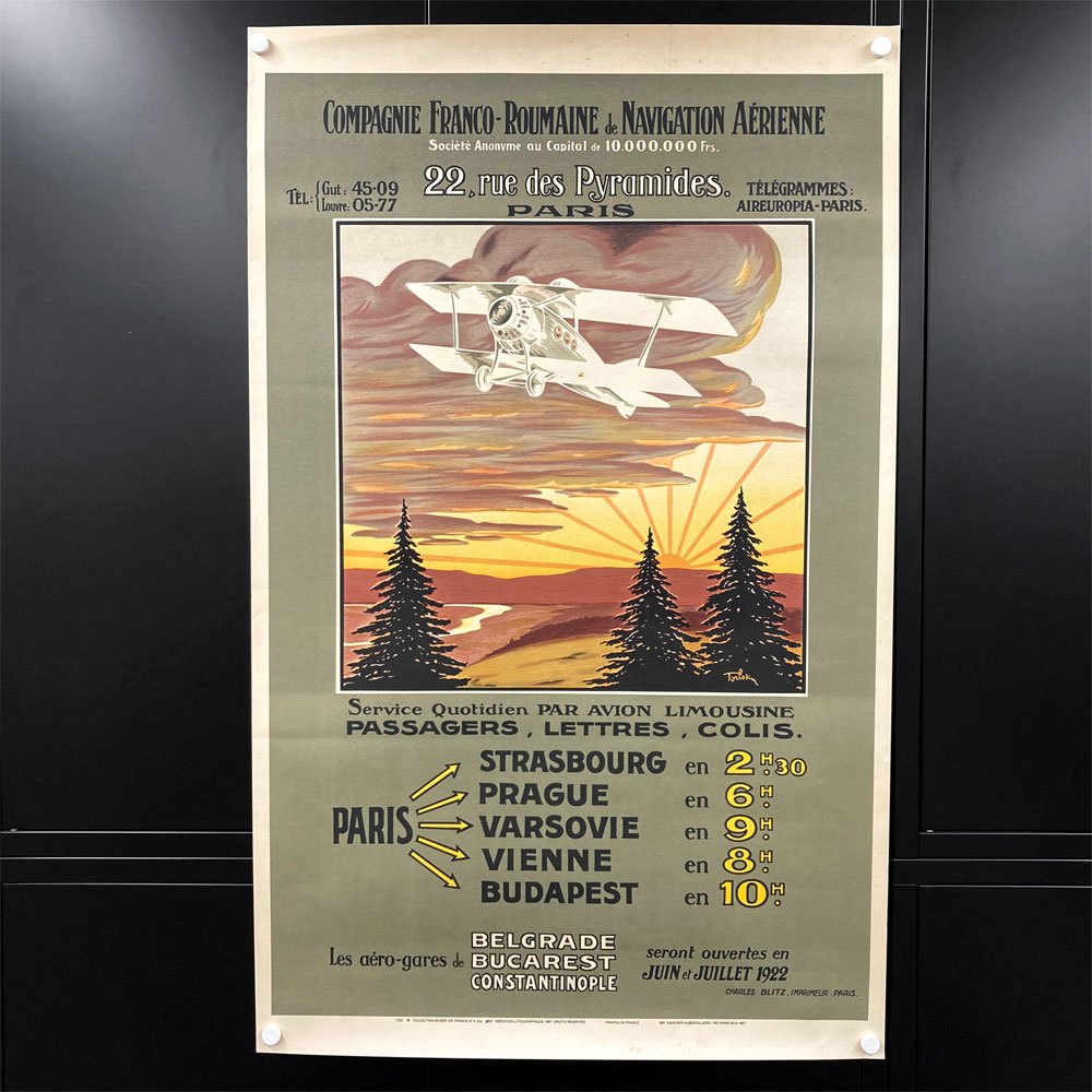 フランス＝ルーマニア航空サービス Compagnie Franco-Roumaine de Navigation Aerienne 公式リトグラフ 1987年 再版品 62×100cm 〓