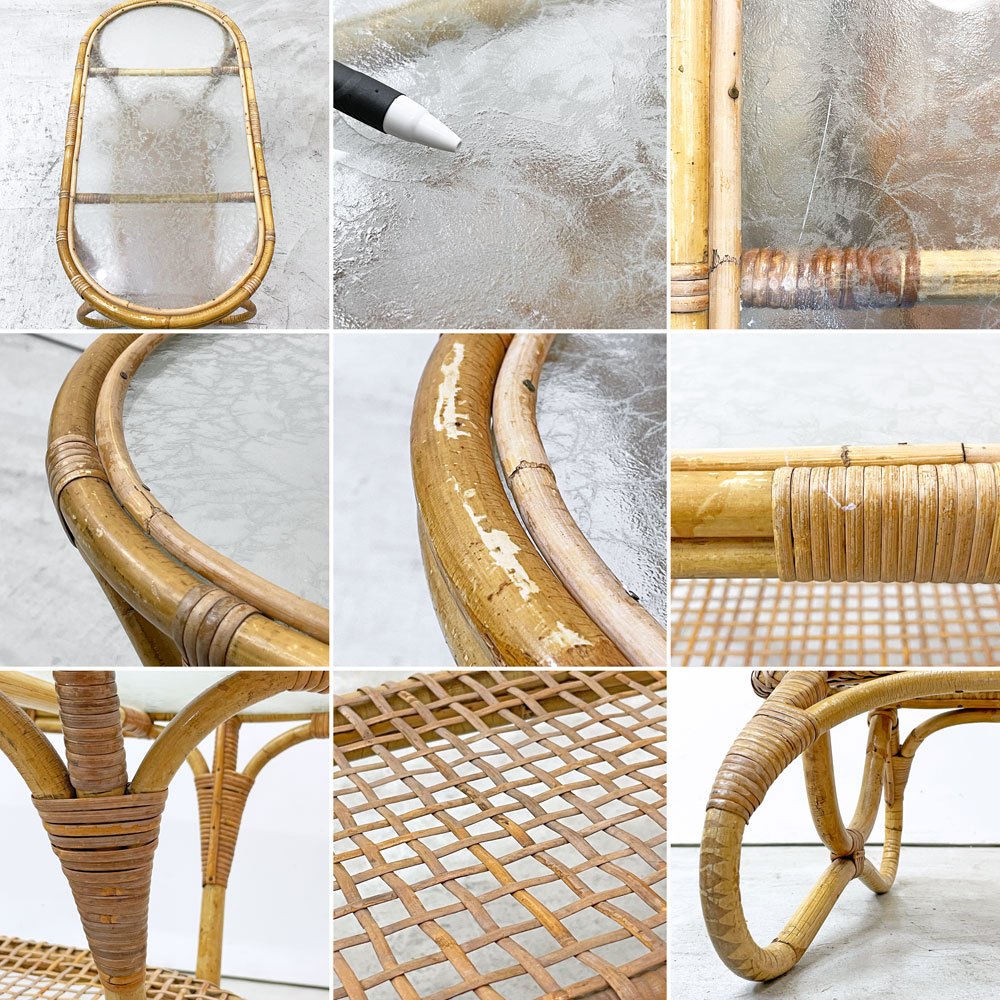 UKビンテージ Vintage ガラストップ ラタン コーヒーテーブル オーバル エッチングガラス ラック付き アンティーク 英国家具 ●