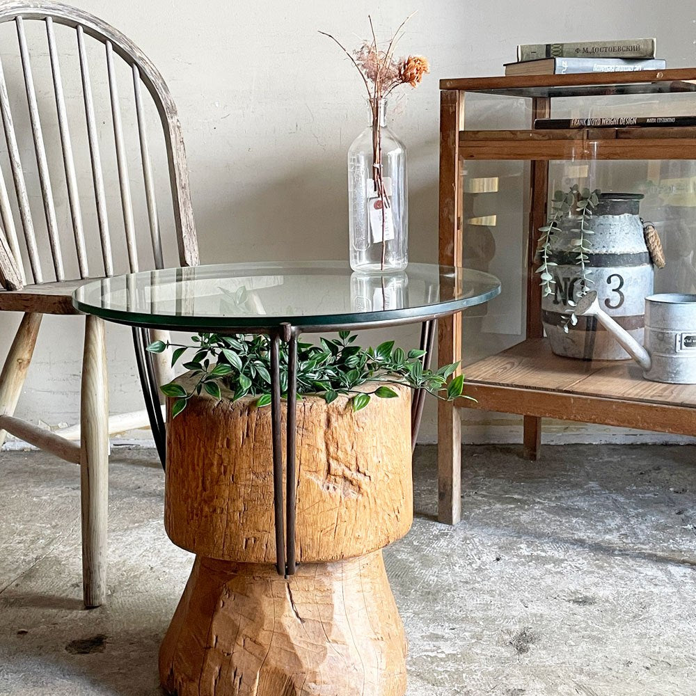 ビンテージ vintage ラウンド サイドテーブル ローテーブル 古材×ガラス×アイアン 天然木 菊池 由見子 プリミティブ ■