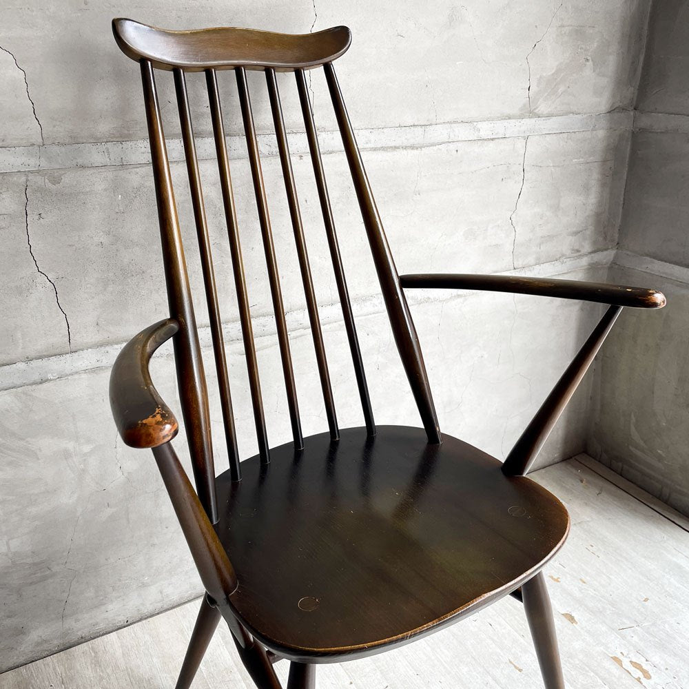 アーコール Ercol ゴールドスミス ダイニングチェア アームチェア コロニアル ハイバック エルム材 ダークブラウン UKビンテージ 英国家具 ♪