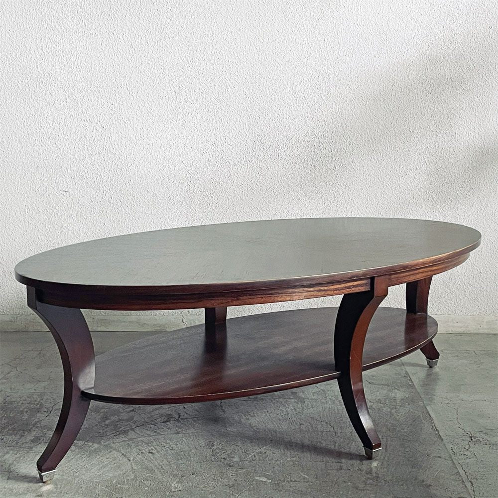 イーセンアーレン ETHAN ALLEN オーバル コーヒーテーブル センターテーブル W137cm 放射状木目 下棚付き クラシカルデザイン 現状品 〓