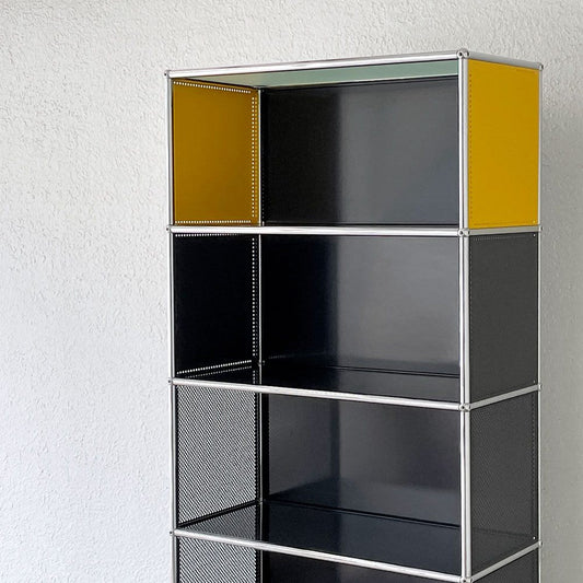 ユーエスエムハラー USMハラー USM Haller モジュラーファニチャー キャビネット シェルフ 1列5段 オープン W77×D37cm ブラック×ゴールデンイエロー パンチング×ガラスパネル 参考価格281,427円以上 ◇