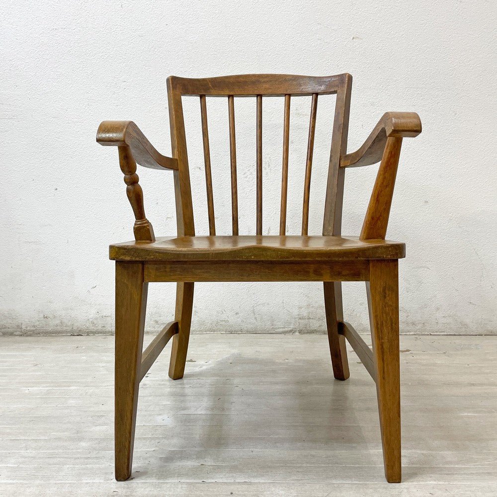 ジャパンビンテージ Japan Vintage アームチェア ダイニングチェア 木製肘付き椅子 ナチュラル スティックバック 古家具 ●