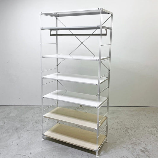 無印良品 MUJI スチールユニットシェルフ ワイド W86×H175cm 7段 スチール棚板 化粧板棚板 ホワイト×ナチュラル ワードローブバー付き ●