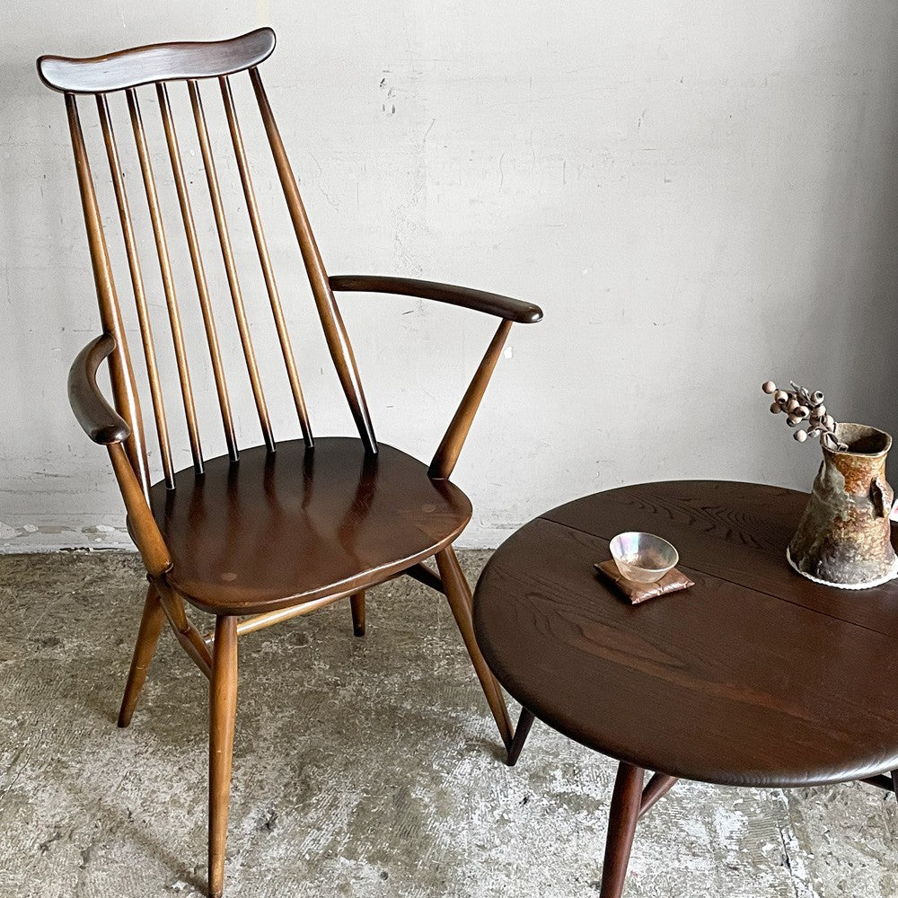 アーコール Ercol ゴールドスミス ダイニングチェア アームチェア コロニアル ハイバック エルム材 ダークブラウン UKビンテージ 英国 ■