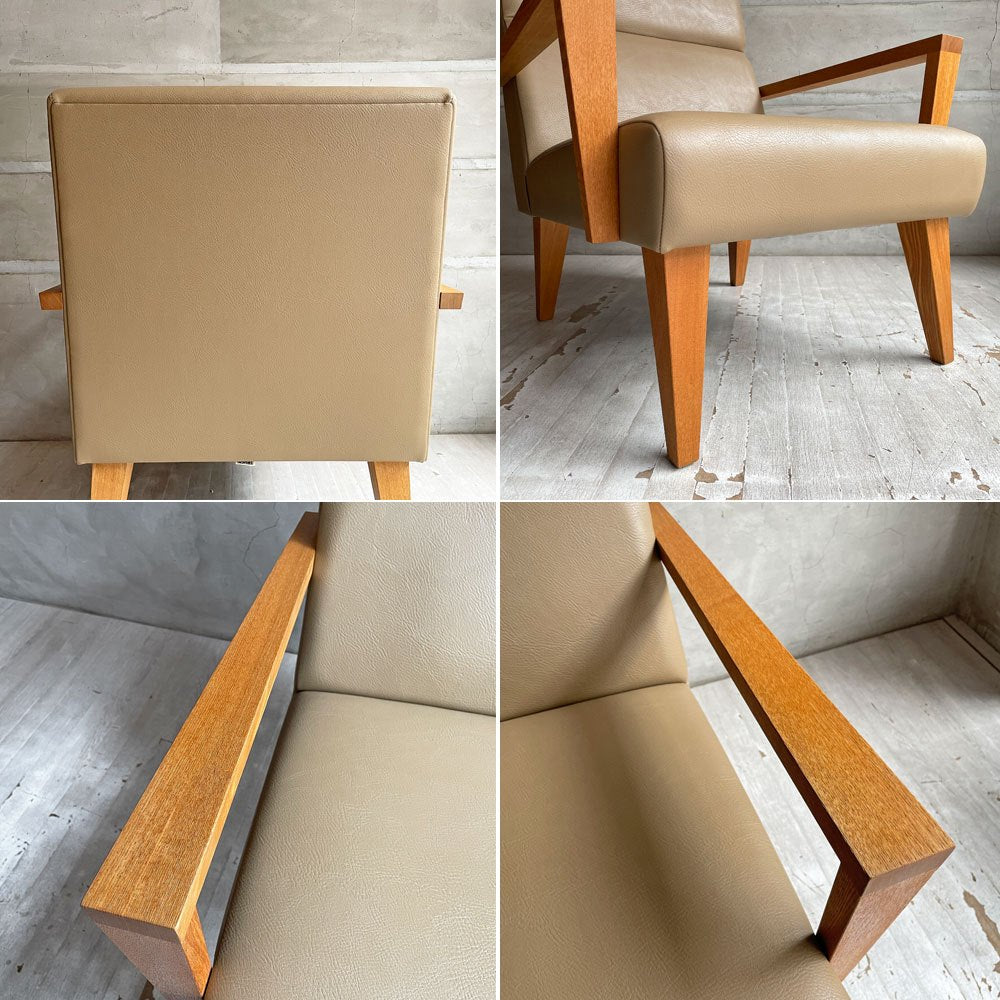 トラックファニチャー TRUCK FURNITURE ロビー LOBBY 1Pソファ 1人掛け ラウンジソファ タモ無垢材 ベージュ系 レザー 合皮 廃番希少 ♪