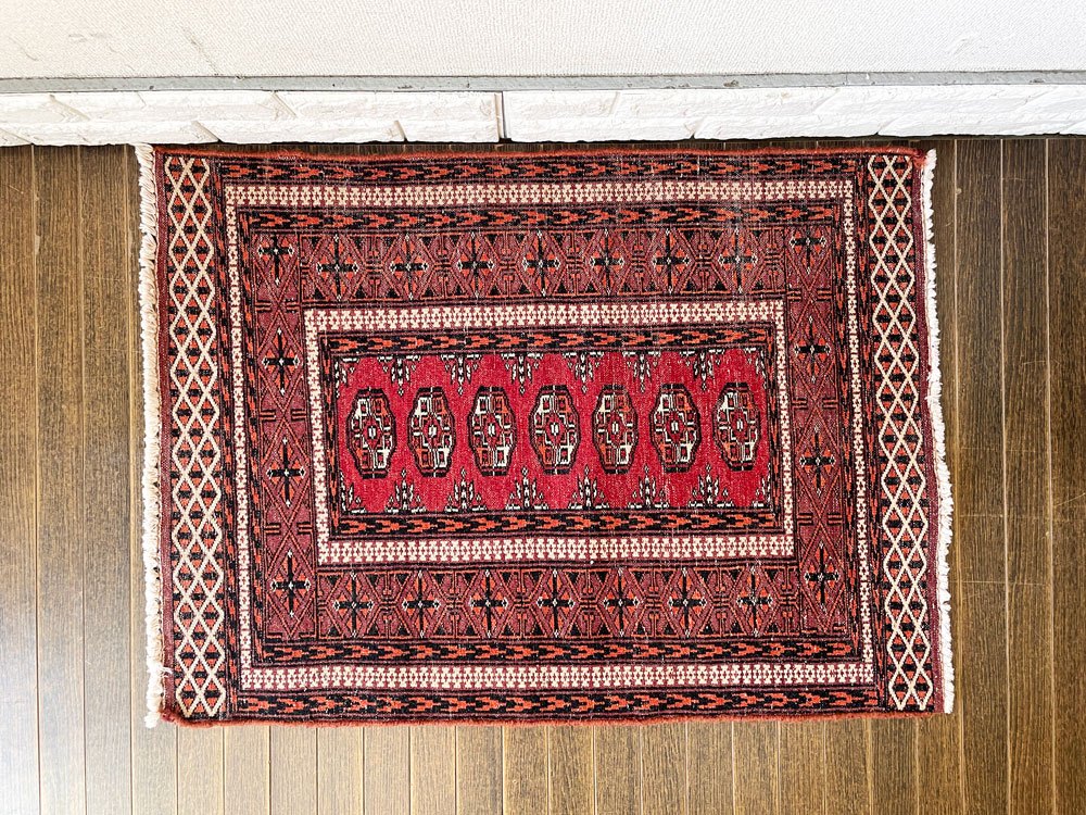 ビンテージ Vintage トライバルラグ トルクメン Turkmen ラグ 玄関マット 83×62cm ギュル文様 レッド系 イラン トルクメニスタン ◎