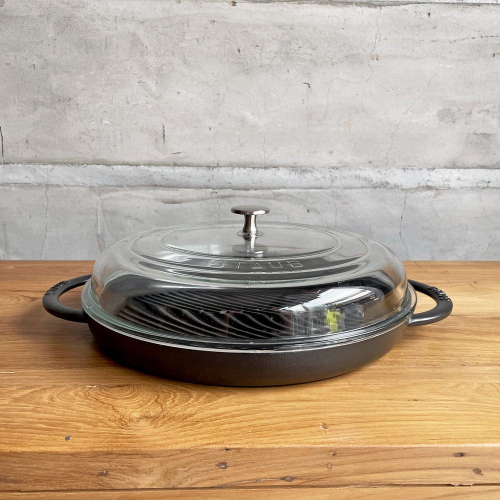 ストウブ STAUB ピュアグリル グリルパン 30cm ラウンド ガラス蓋セット 両手 鋳鉄 ブラック フランス 定価￥36,850-♪