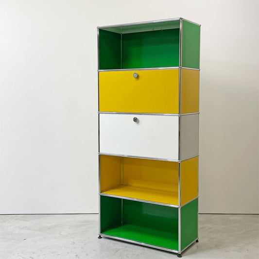 USMハラー USM Haller モジュラーファニチャー キャビネット シェルフ 1列5段 ドロップダウンドア×2 USMグリーン ゴールデンイエロー ピュアホワイト スイス 鍵付き ●