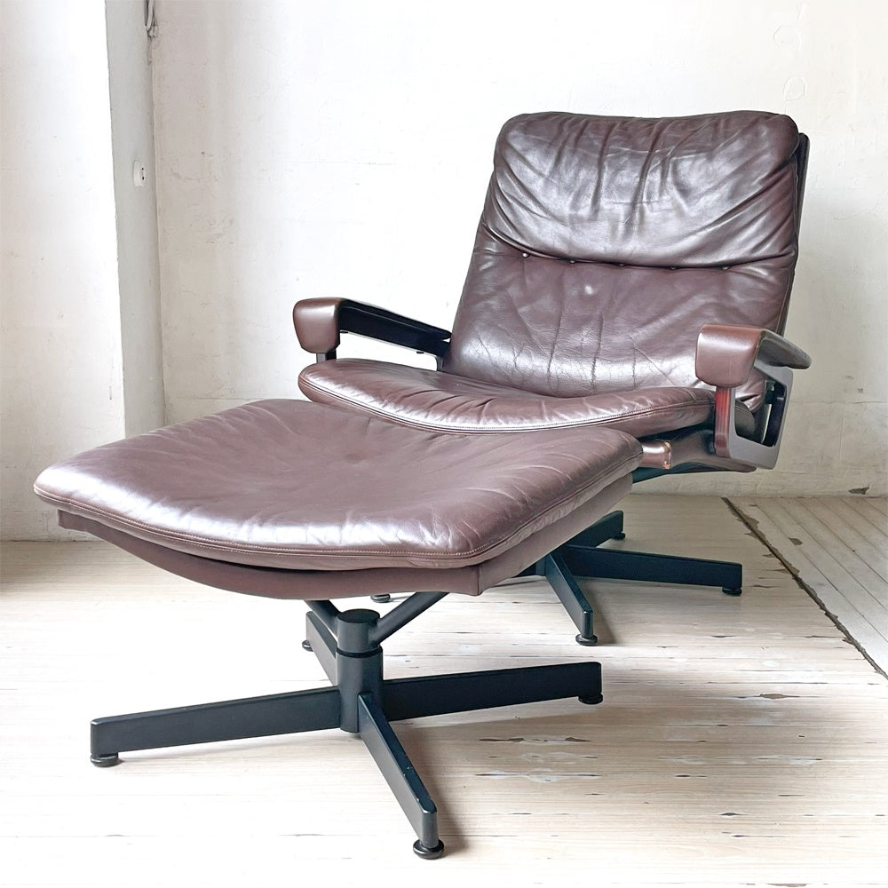 シュトレッセル Strassle ビンテージ キングチェア King chair + キングフットスツール King footstool レザー イージーチェア ブラウン スイス ★