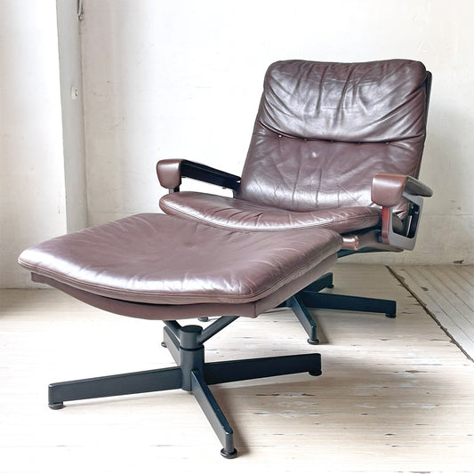 シュトレッセル Strassle ビンテージ キングチェア King chair + キングフットスツール King footstool レザー イージーチェア ブラウン スイス ★
