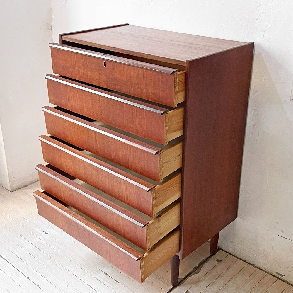 北欧ビンテージ Scandinabian Vintage チェスト キャビネット 6ドロワーズ チーク材 H101cm デンマーク 北欧家具 鍵欠品 ★