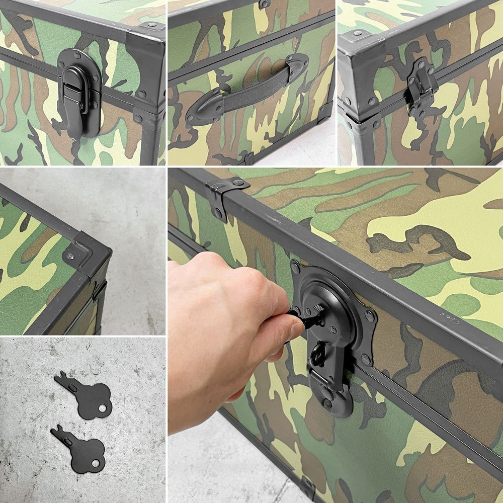 ミリタリースタイル Military Style 迷彩柄 トランク グリーン MDF 金属フレーム 収納ケース ローテーブル 鍵付き ●