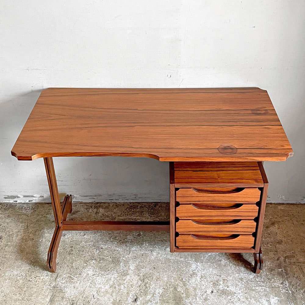 イタリアビンテージ vintage ローズウッド 片袖デスク ワークデスク 抽斗 4ドロワー 幅110cm ■