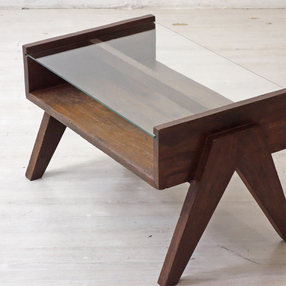 ピエールジャンヌレ Pierre Jeanneret コーヒーテーブル Coffee Table スモール チーク無垢材 ガラス チャンディーガル レター有 60‘s CHH/T57 ●