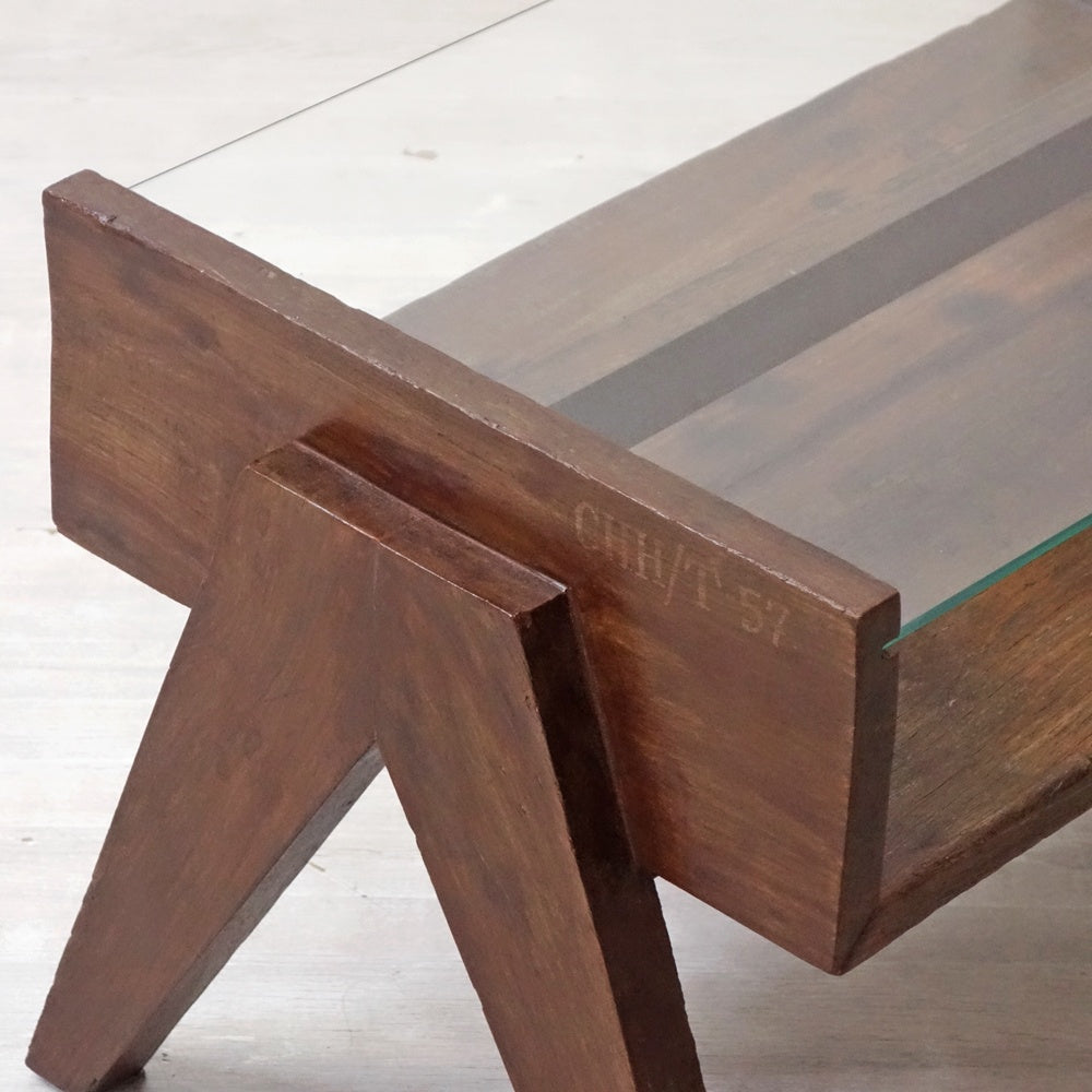 ピエールジャンヌレ Pierre Jeanneret コーヒーテーブル Coffee Table スモール チーク無垢材 ガラス チャンディーガル レター有 60‘s CHH/T57 ●