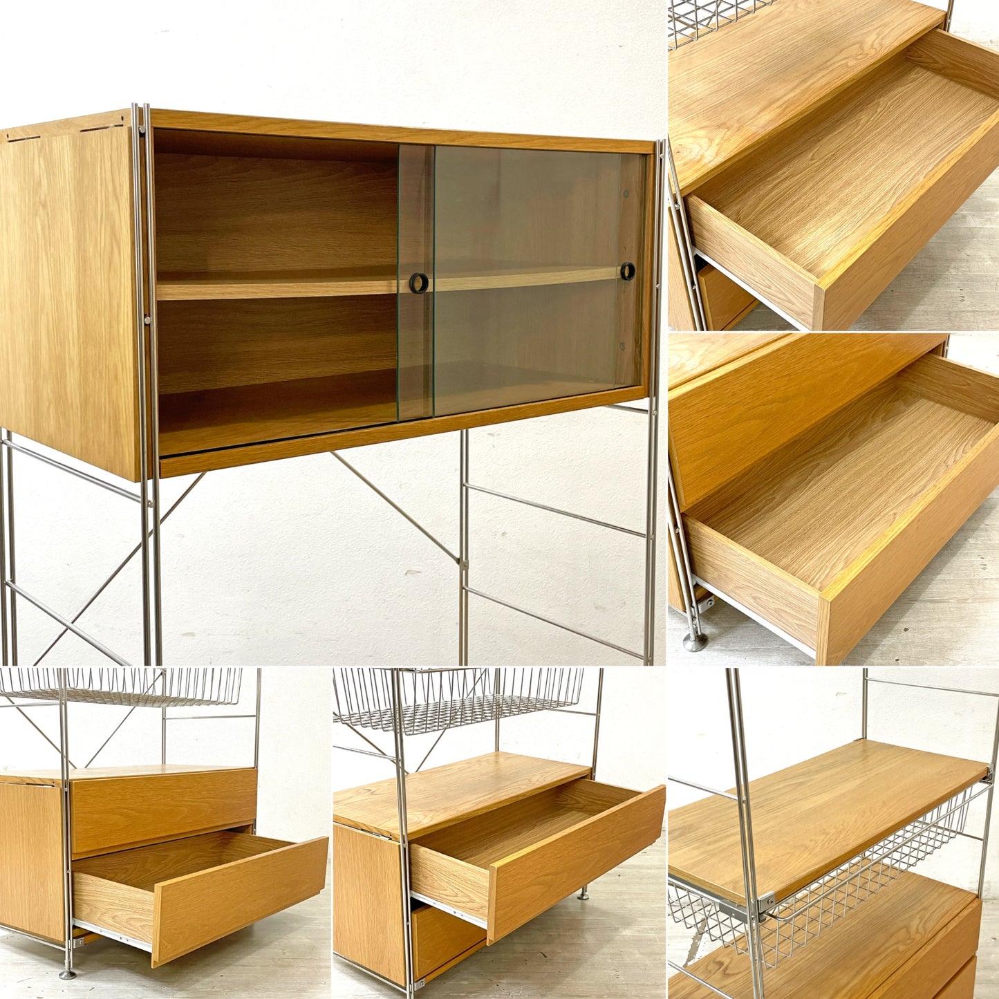 無印良品 MUJI ステンレスユニットシェルフ オーク材 食器棚 本棚 飾り棚 収納棚 H175.5cm ガラス引き戸 引出し付 ●