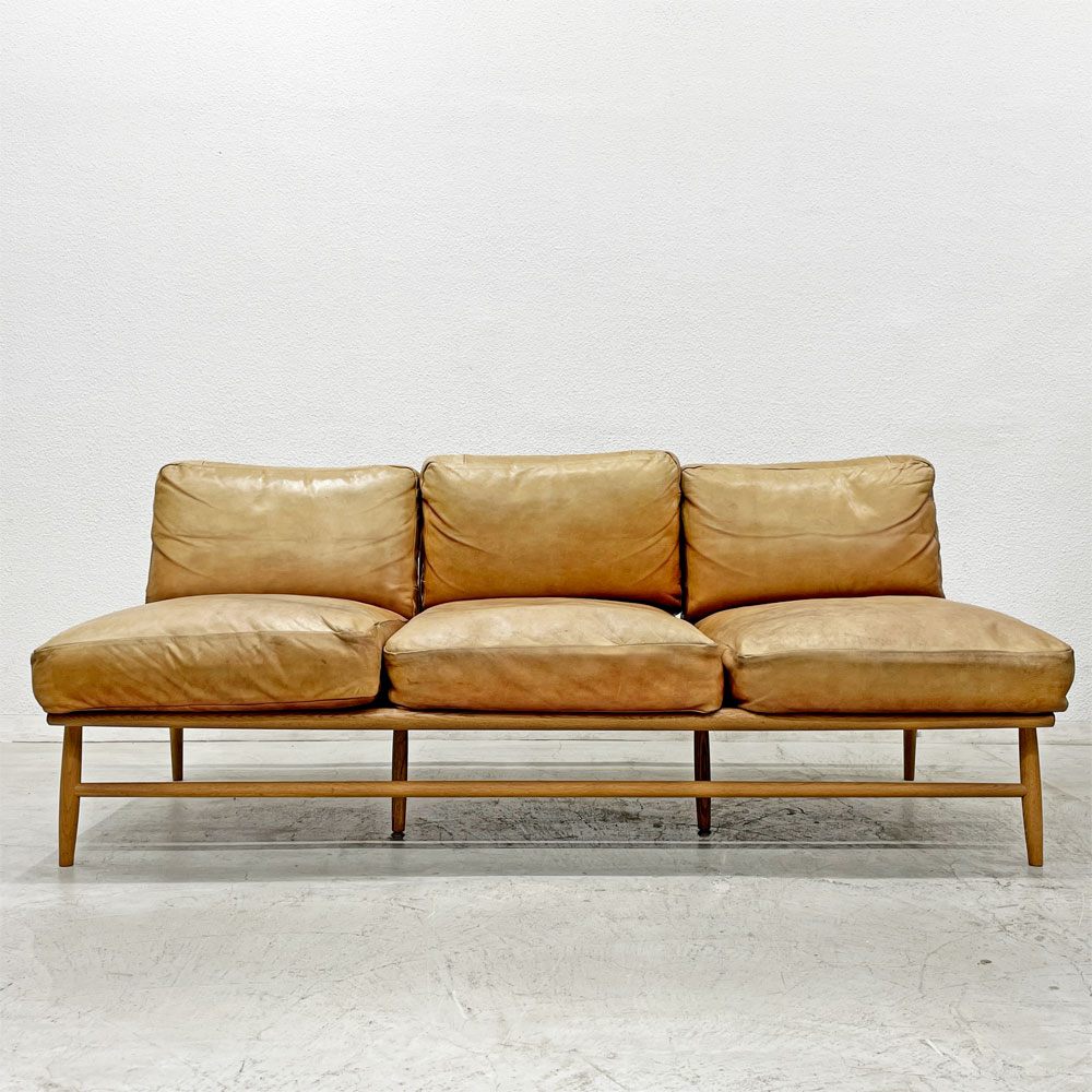 モモナチュラル Momo Natural クラウド CLOUD 3Pソファ 3人掛け & オットマン レザーシート 本革 オーク無垢材 フェザー×ウレタンクッション 〓