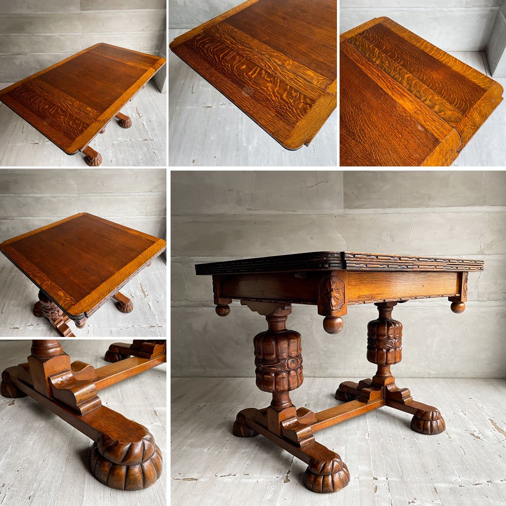 UKアンティーク ドローリーフテーブル ダイニングテーブル 伸長式 オーク材 ビッグバルボスレッグ 英国家具 ビンテージ ♪