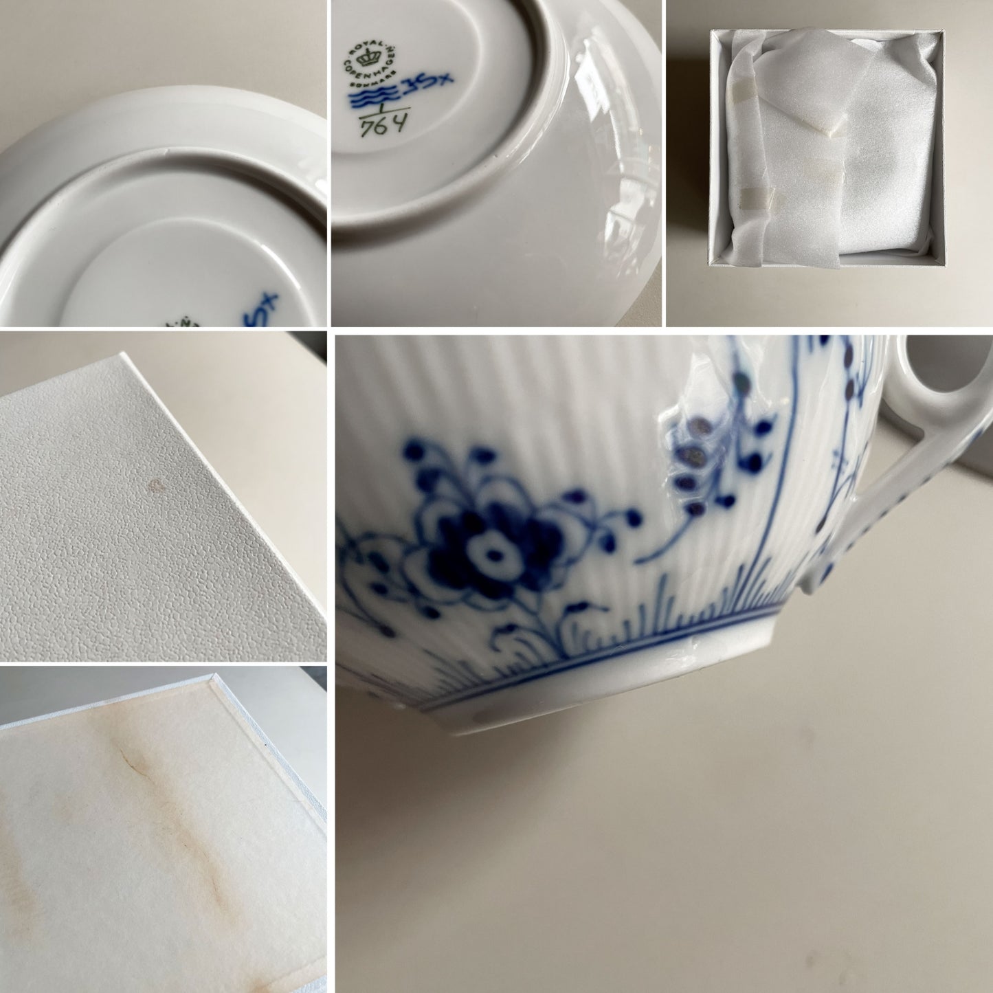 ロイヤルコペンハーゲン ROYAL COPENHAGEN ブルーフルーテッド ハーフレース スープカップ&ソーサー 陶器 北欧食器 廃番 箱付き 未使用 C ♪
