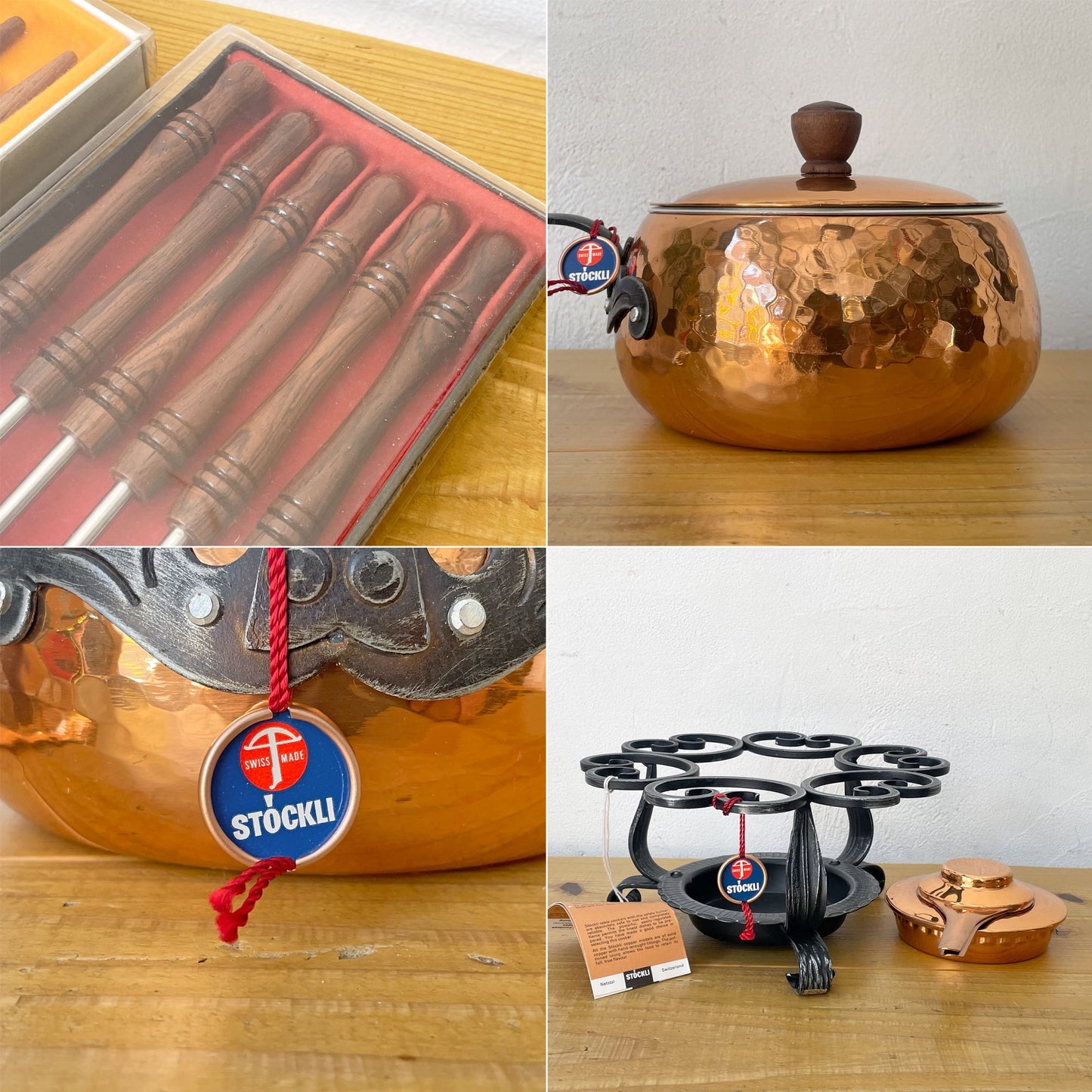 ストックリ Stockli netstal チーズフォンデュセット 槌目 銅製 片手鍋＆スタンド＆フォーク2種類 計12点 スイス 未使用保管品 ★