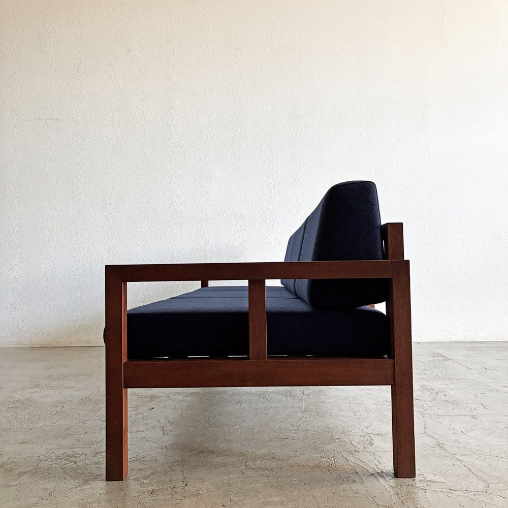 ジャクソンファニチャー Jackson Furniture チーク材 3シーターソファ 3人掛け W207cm ファブリック ネイビー系 座面ウレタン交換＆カバー張替済 USビンテージ 〓