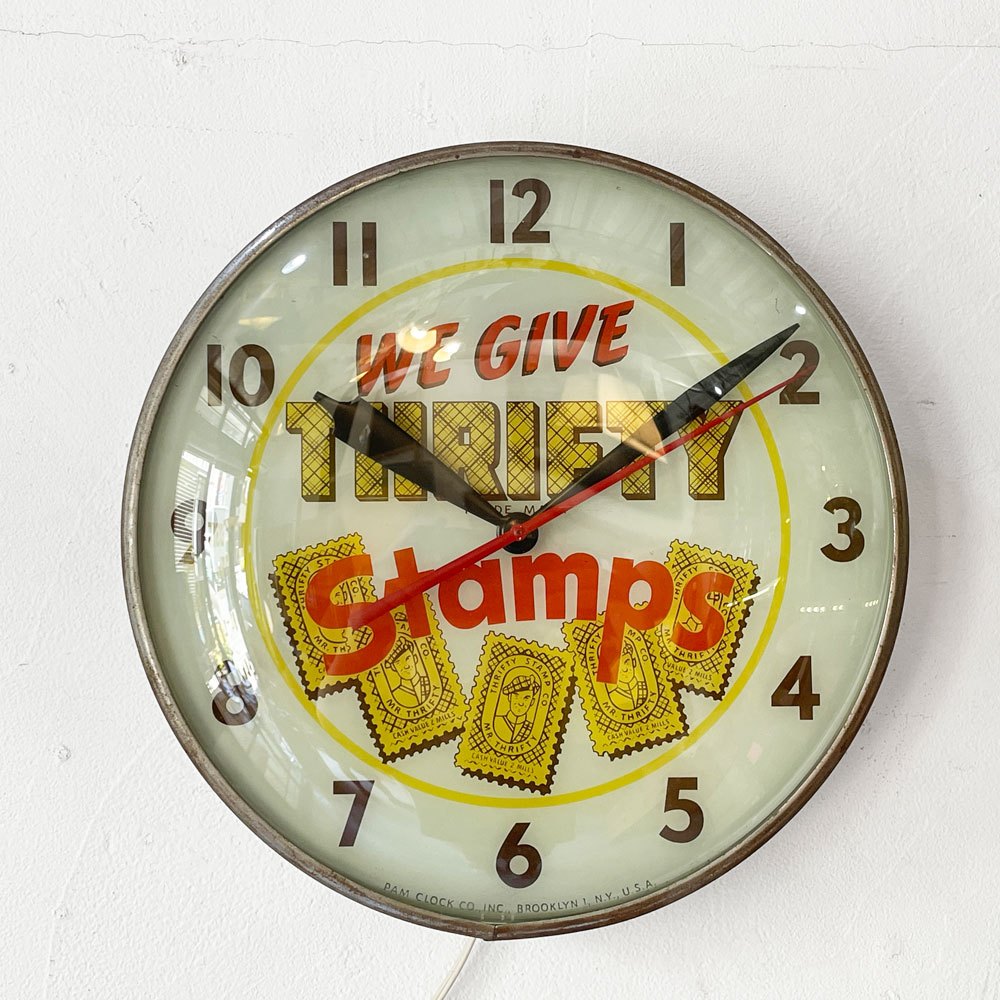 PAM Clock Co. Thrifty Stamps 電飾サインクロック 照明付き時計 USビンテージ  50s 60s 時計不動 ★