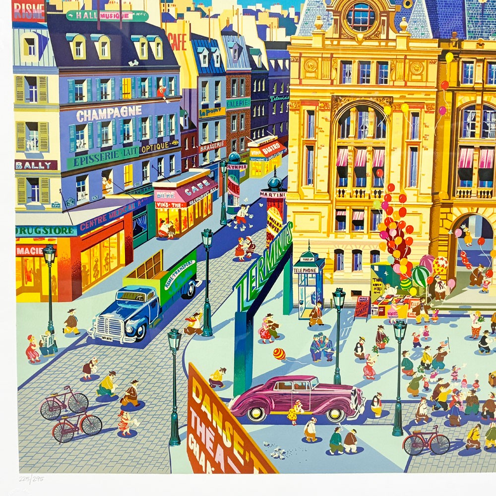 ヒロ ヤマガタ 山形博導 サン・ラザール駅 シルクスクリーン 225/295 額装品 111×113cm 限定品 版画 絵画 フランス パリ 1986年 ◎