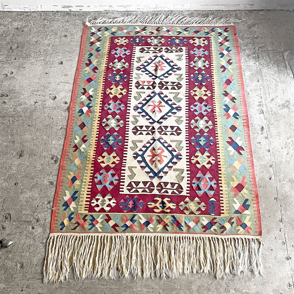 トルコ Turkey 手織り キリム ラグ 120×200cm レッド系 幾何学模様 ラグカーペット ■