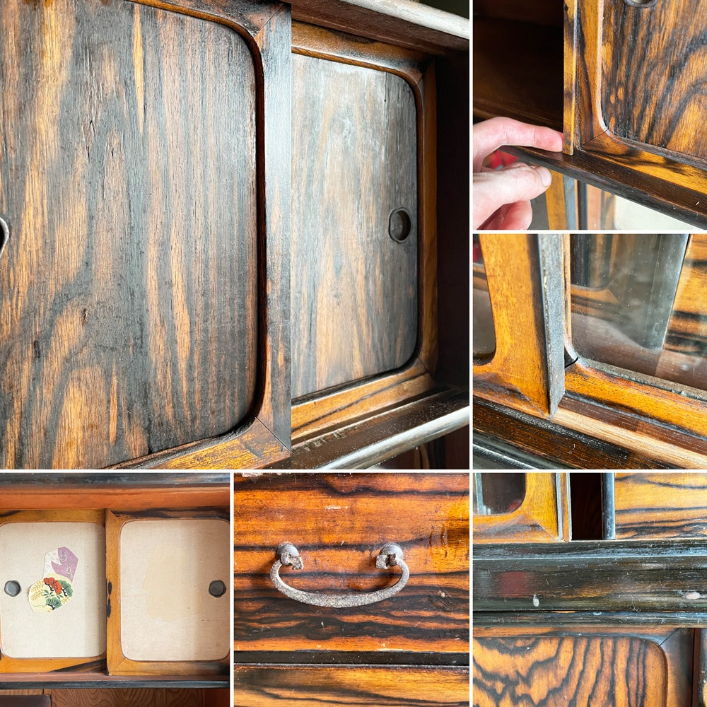 ジャパンビンテージ Japan Vintage 茶箪笥 引き戸 飾り棚 ガラス H134cm 古家具 和家具 ■