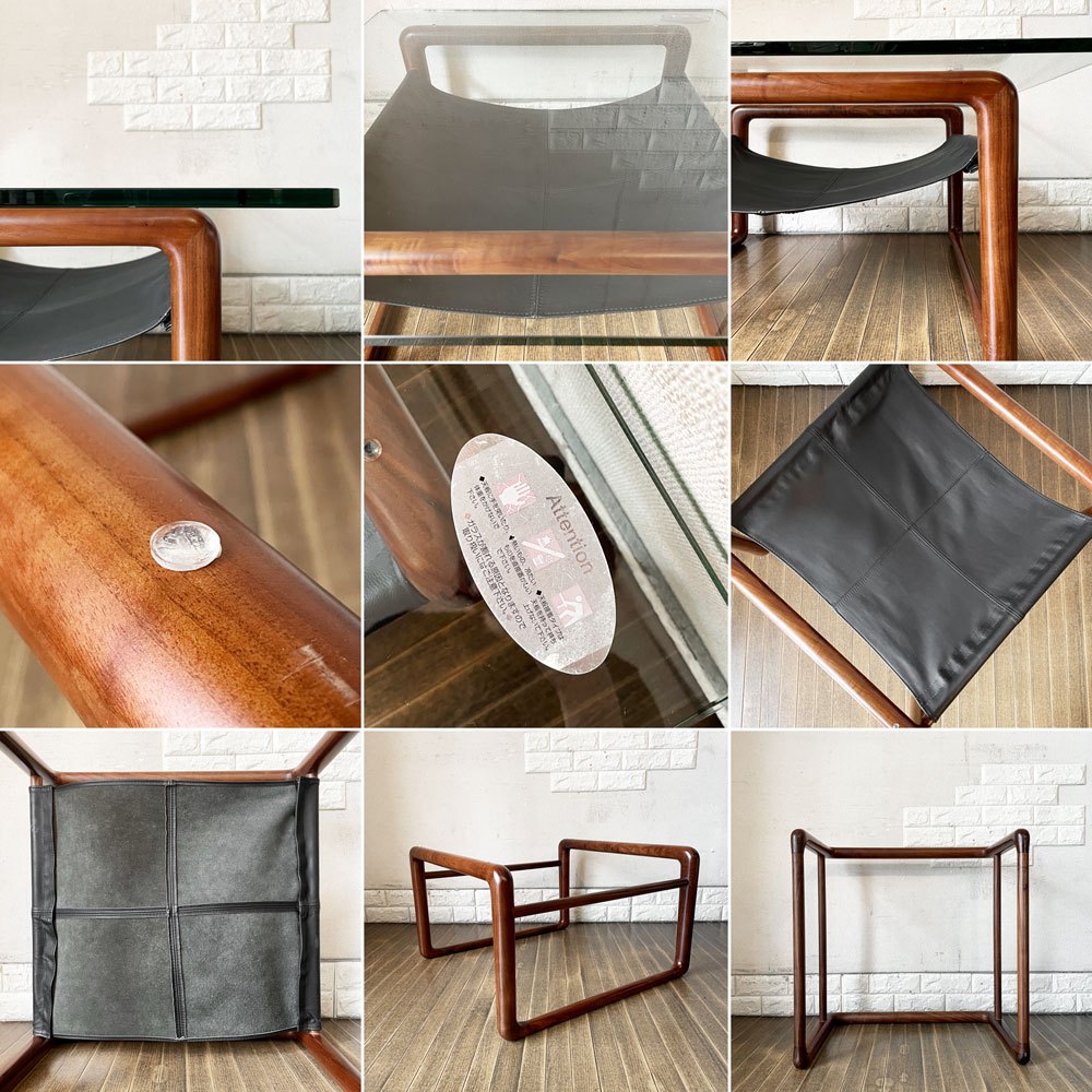 ケンオクヤマデザイン KEN OKUYAMA DESIGN ハンモック リビングテーブル ローテーブル ガラス×ウォールナット×ブラックレザー W80cm 奥山清行 定価￥99,800- 廃番 ◎