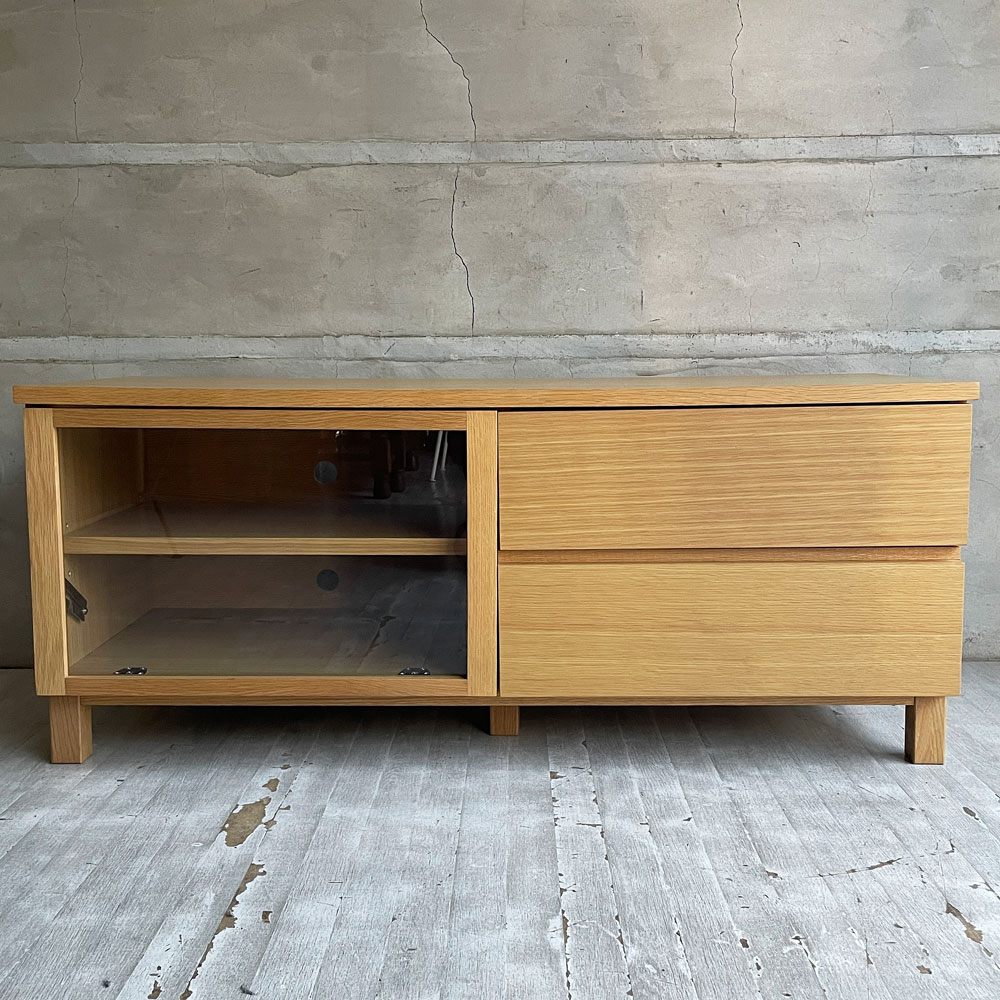 無印良品 MUJI オーク材 AVラック AVボード テレビ台 ガラス扉 ドロップダウン扉 抽斗2杯 W110cm ナチュラル シンプルデザイン 廃番 ♪