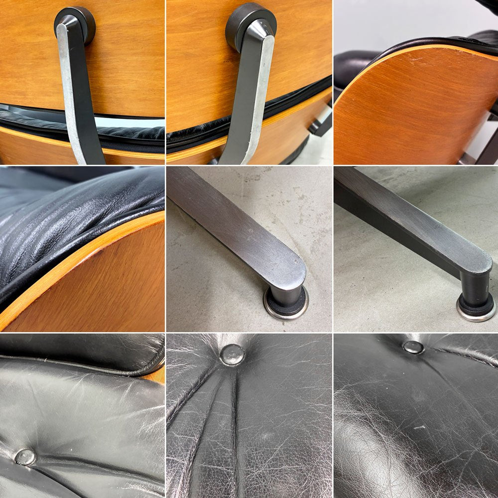 ハーマンミラー Herman Miller イームズラウンジチェア＆オットマン ブラックレザー ウォールナット C&Rイームズ ミッドセンチュリー 1999年製 ◎