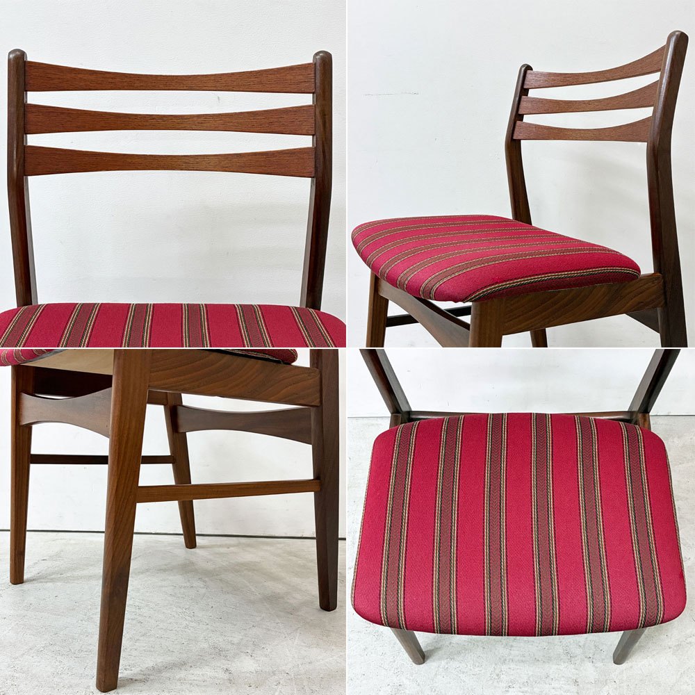 北欧ビンテージ Scandinabian Vintage チーク材 ダイニングチェア ラダーバック レッド系 ストライプ柄 北欧家具  ●