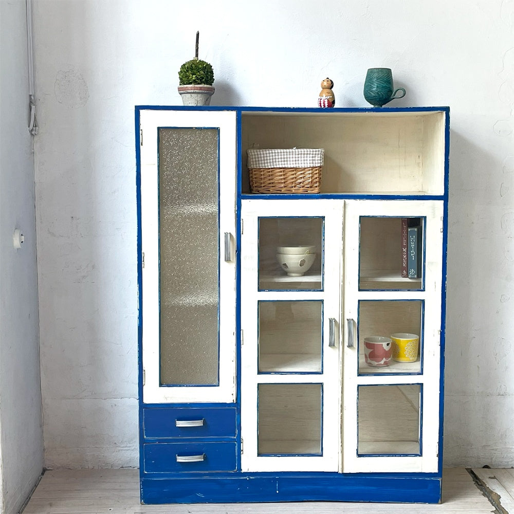 ジャパンビンテージ Japan Vintage ペインテッド ガラスキャビネット Painted Cabinet リメイク 古家具 古道具 型板ガラス ★