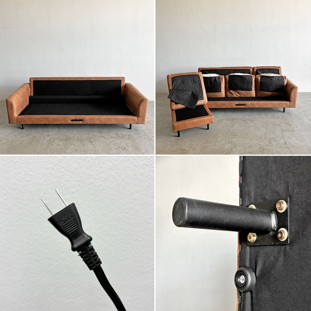 ジャーナルスタンダードファニチャー j.s.F ピーエスエフカウチソファ PSF COUCH SOFA 3人掛けソファ＆オットマン レザー調  W210cm コンセント＆USB充電口付 定価￥165,000- 〓