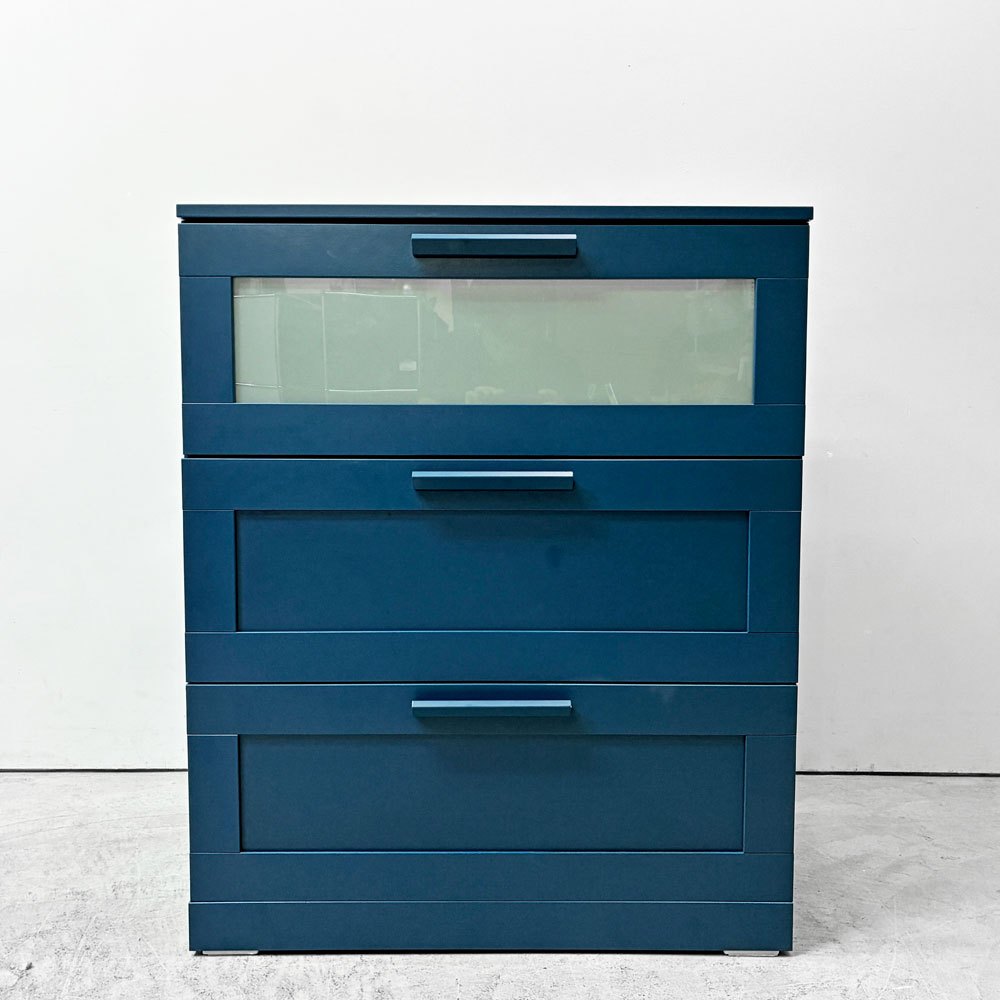 イケア IKEA ブリネス BRIMNES 3ドロワー チェスト 箪笥 ブルー系カラー 磨りガラス スウェーデン ●