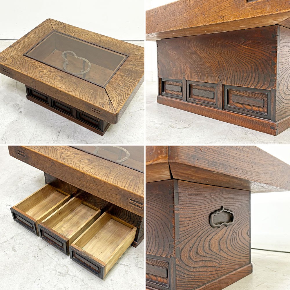 ジャパンビンテージ Japan Vintage 火鉢 長火鉢  ガラストップ テーブル 抽斗3杯 囲炉裏テーブル 和家具 古民具 古家具 昭和レトロ ●