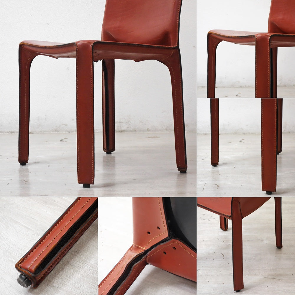 カッシーナ Cassina キャブチェア 412 CAB CHAIR アームレス 最高級本革 赤茶 マリオ・ベリーニ MoMA 永久展示品 イタリアモダン ●