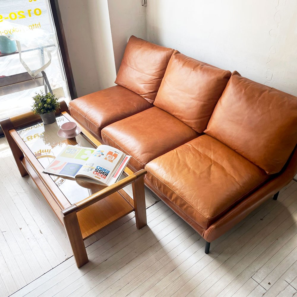 ウニコ unico ホクストン HOXTON レザーソファ 3シーター ブラウン フルグレインレザー 本革 美品 24万円 廃盤 ★