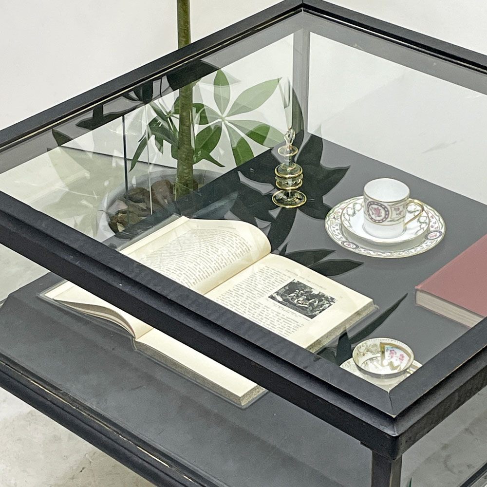 リメイク家具 ガラス ディスプレイケース 台形台座 ラッパ脚 73×73cm 店舗什器 インダストリアルデザイン 一点物 ビンテージ ●