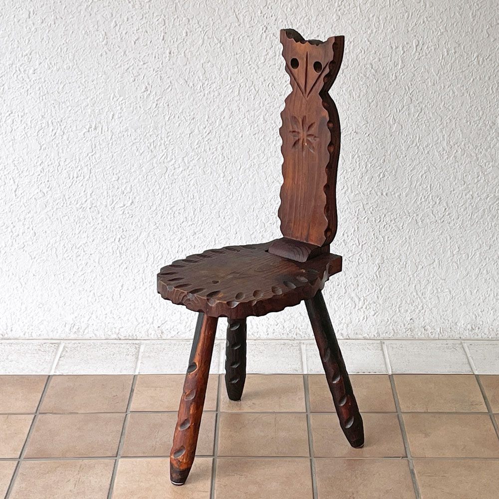 ビンテージ Vintage スパニッシュスツール 猫椅子 キャットチェア フォールディング 折り畳み シェファードチェア Bathing Chair パイン無垢材 木彫 プリミティブ ◇