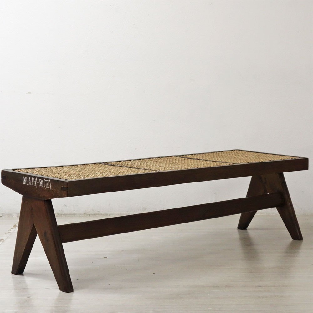 ピエールジャンヌレ Pierre Jeanneret ケーンベンチ Caned Bench チーク無垢材 チャンディーガル レター有り M.L.A.(H)-50(Ⅳ) 1960‘s ビンテージ ●